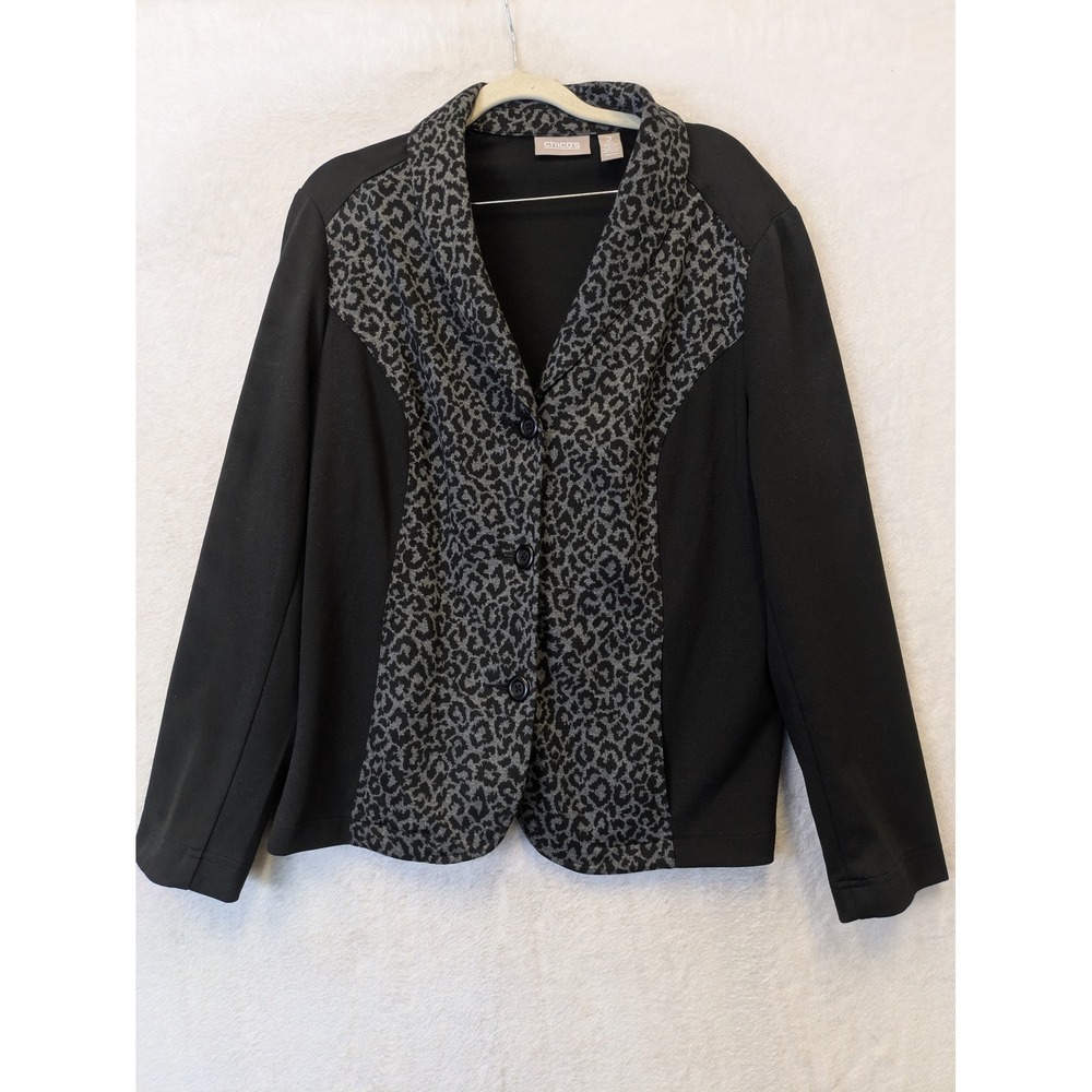 Chicos Women's Blazer Jacket Size 2 Large Black Gray Leopard Print 3 Button